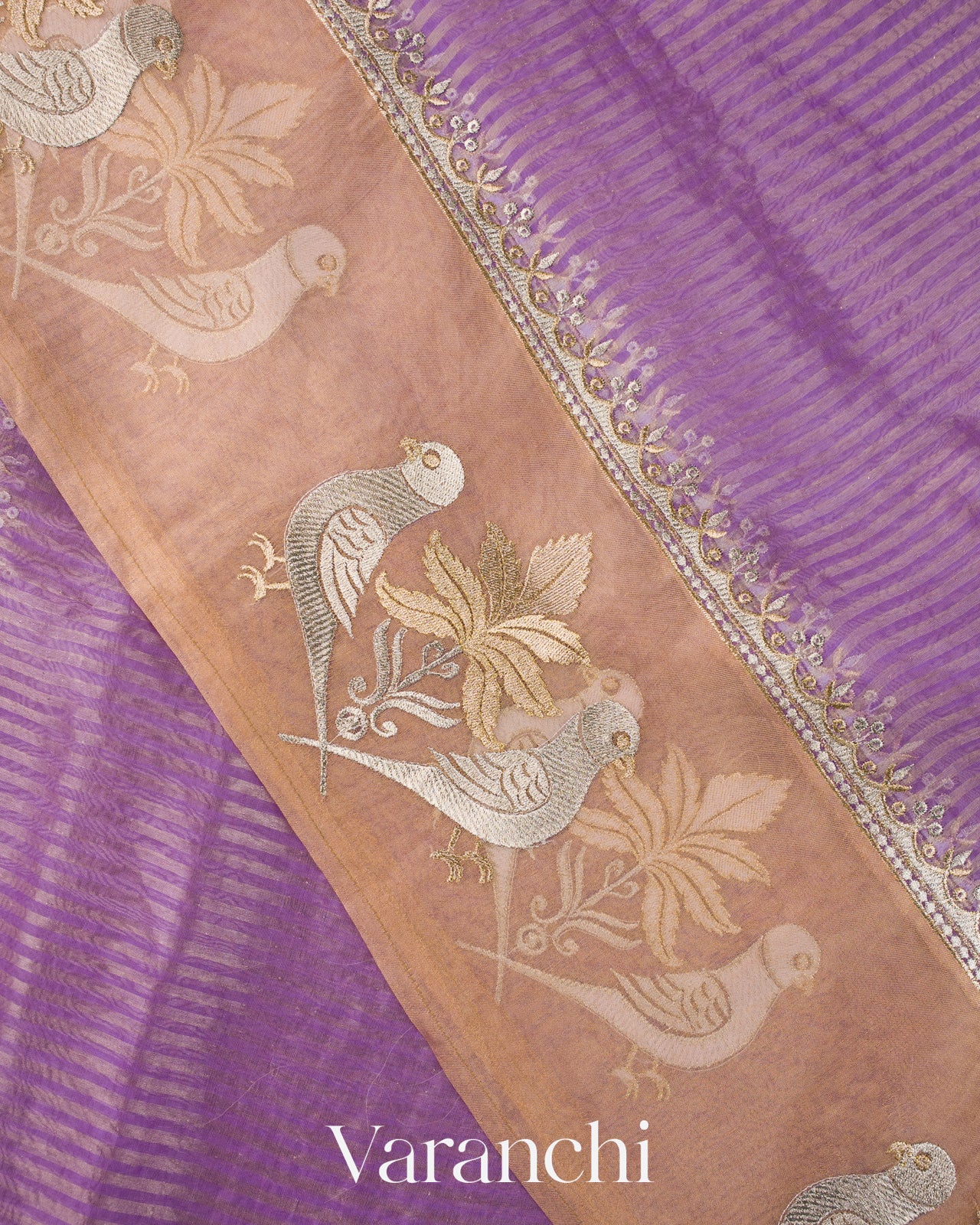 Lavender Bird Embroidered Pure Kora Silk Saree