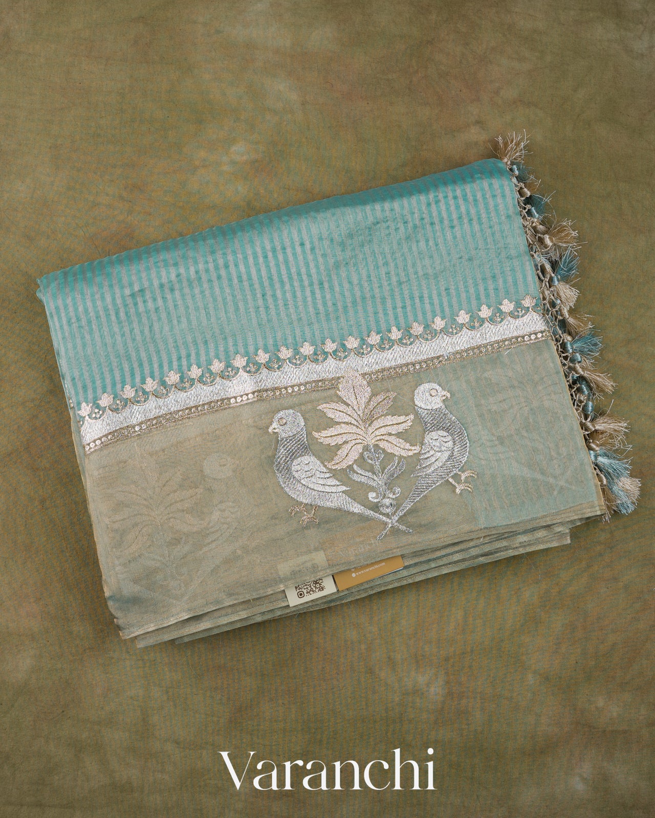 Powder Blue Bird Embroidered Pure Kora Silk Saree