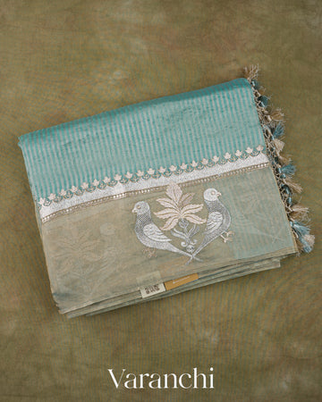 Powder Blue Bird Embroidered Pure Kora Silk Saree