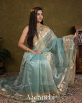 Powder Blue Bird Embroidered Pure Kora Silk Saree