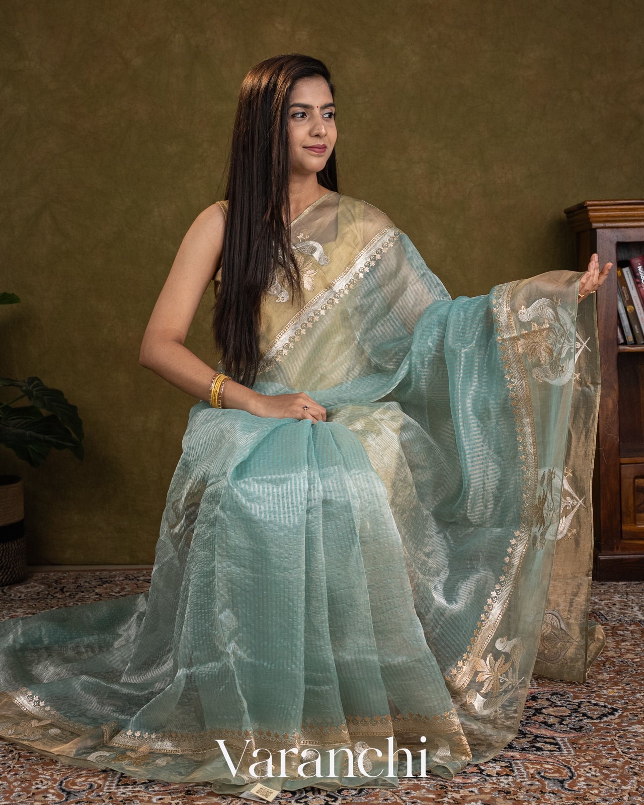 Powder Blue Bird Embroidered Pure Kora Silk Saree