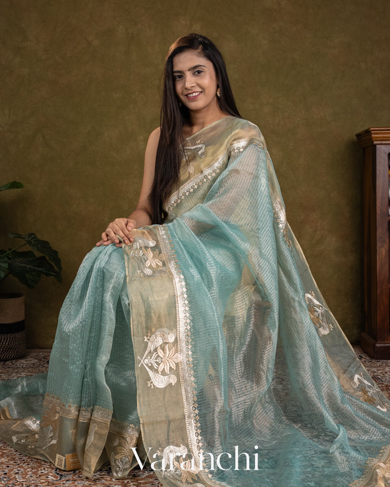 Powder Blue Bird Embroidered Pure Kora Silk Saree