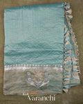 Powder Blue Bird Embroidered Pure Kora Silk Saree