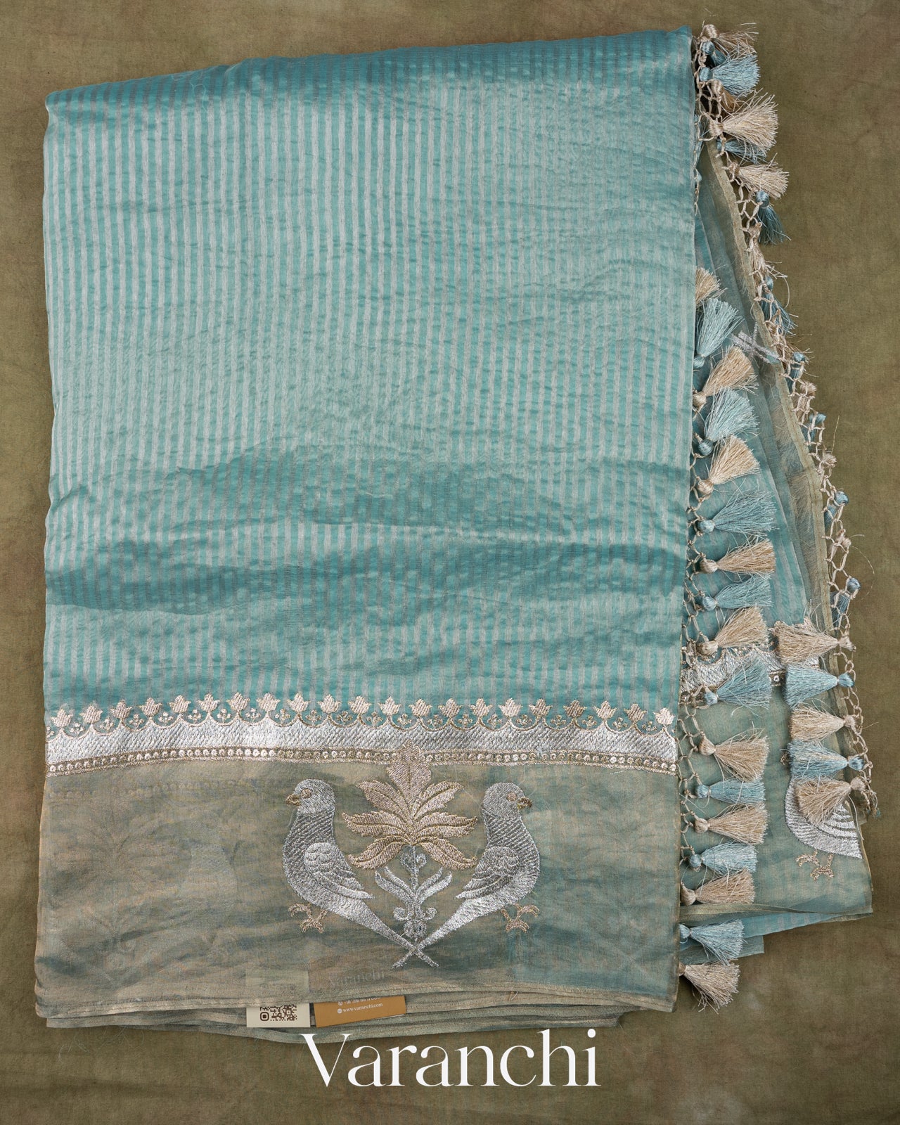 Powder Blue Bird Embroidered Pure Kora Silk Saree