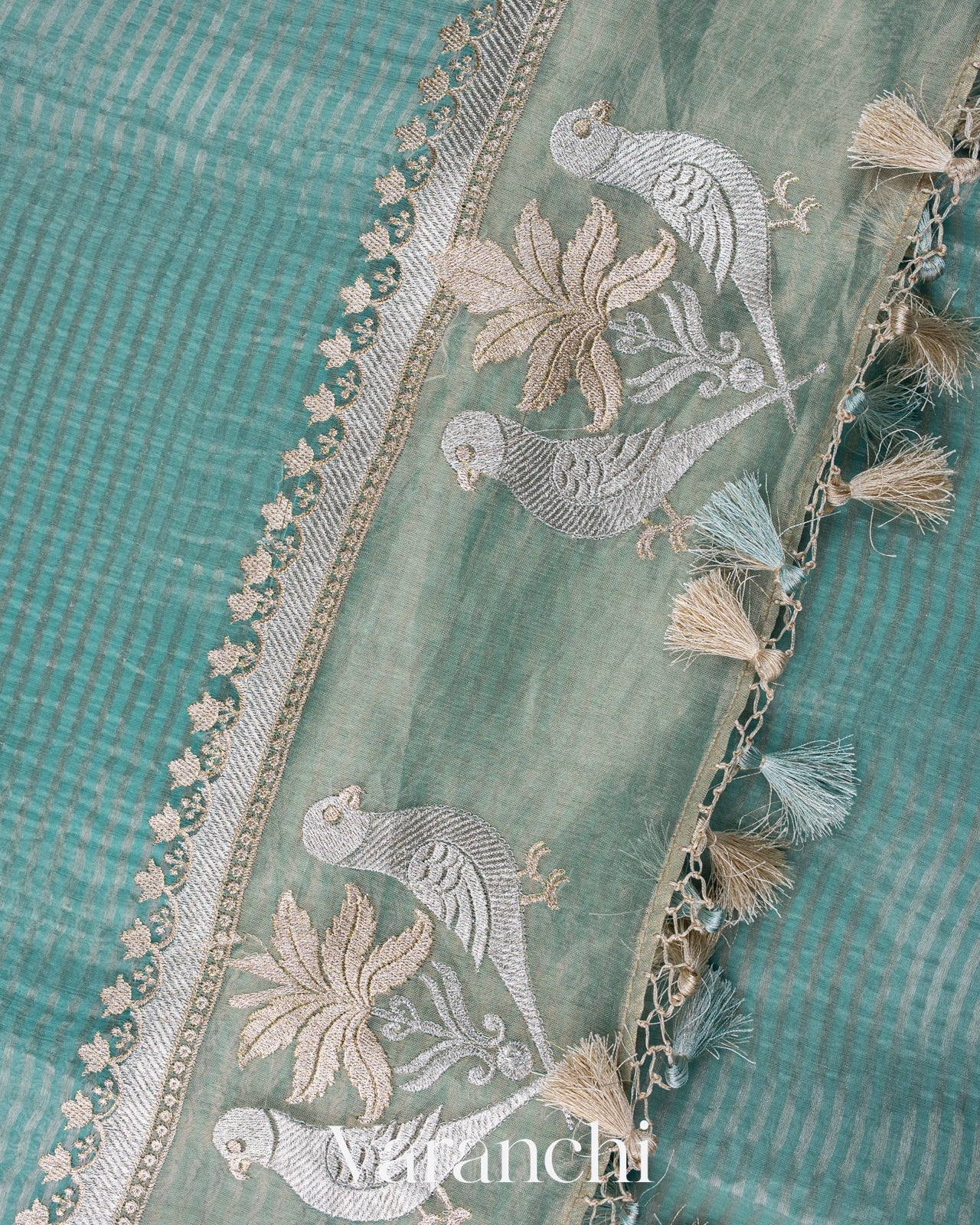 Powder Blue Bird Embroidered Pure Kora Silk Saree