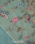 Powder Blue Bird Embroidered Pure Kora Silk Saree