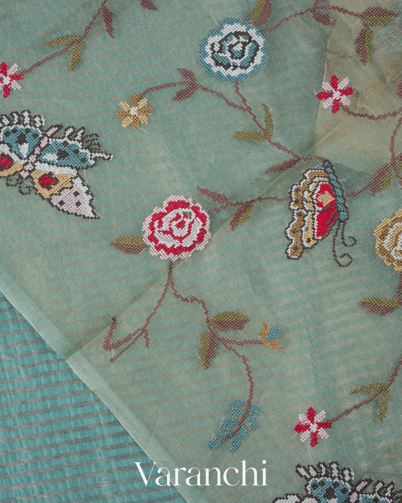 Powder Blue Bird Embroidered Pure Kora Silk Saree