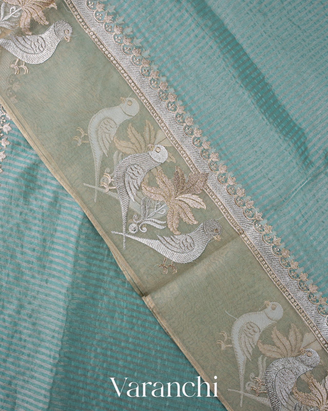 Powder Blue Bird Embroidered Pure Kora Silk Saree