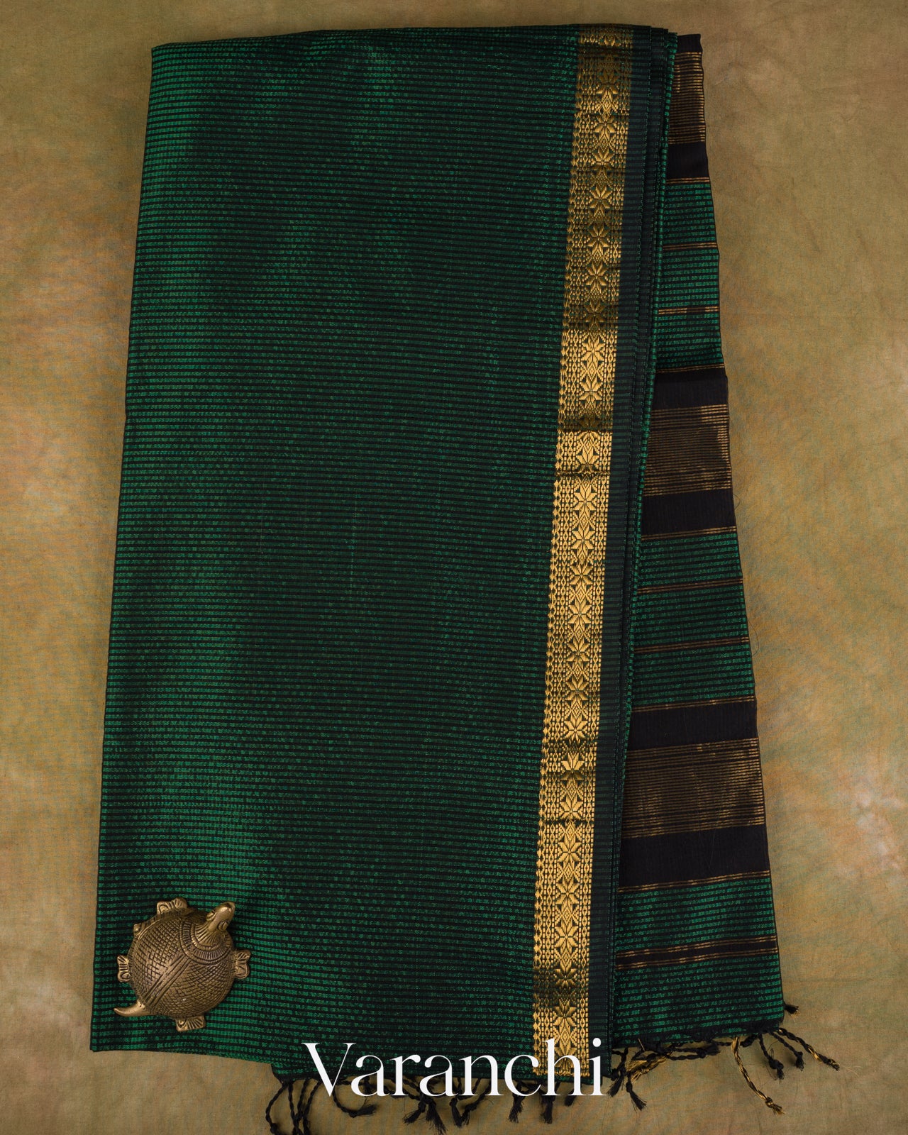 Bottle Green Striped Pure Maheshwari Silk Cotton Handloom Saree