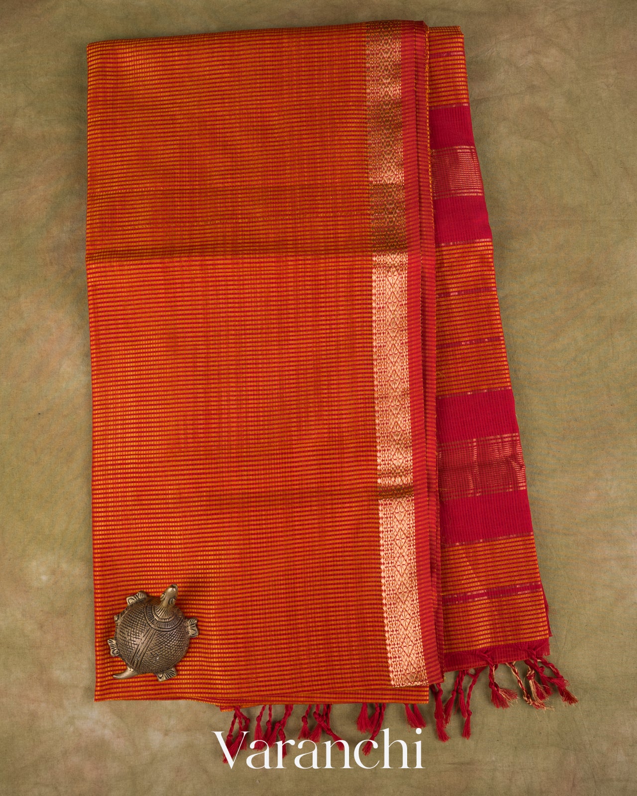 Rust Orange Striped Pure Maheshwari Silk Cotton Handloom Saree