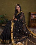 Jet Black Pure Maheshwari Silk Cotton Handloom Saree