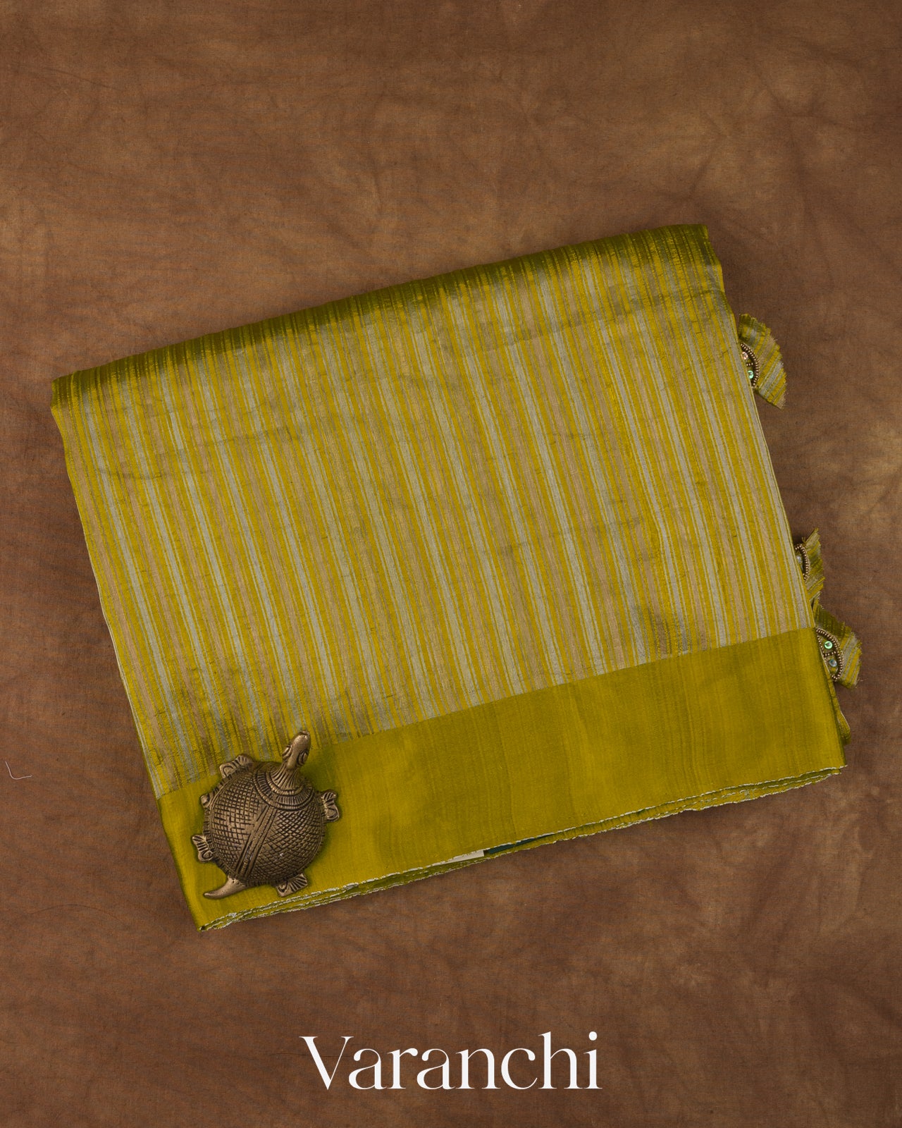 Olive Green with Tissue Stripes Pure Raw Silk Handloom Saree