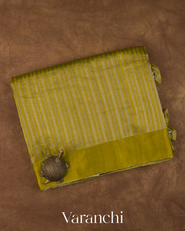 Olive Green with Tissue Stripes Pure Raw Silk Handloom Saree