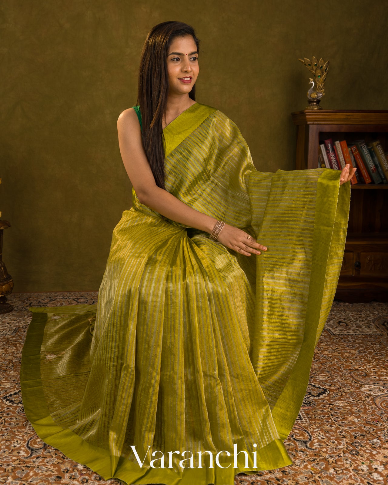 Olive Green with Tissue Stripes Pure Raw Silk Handloom Saree