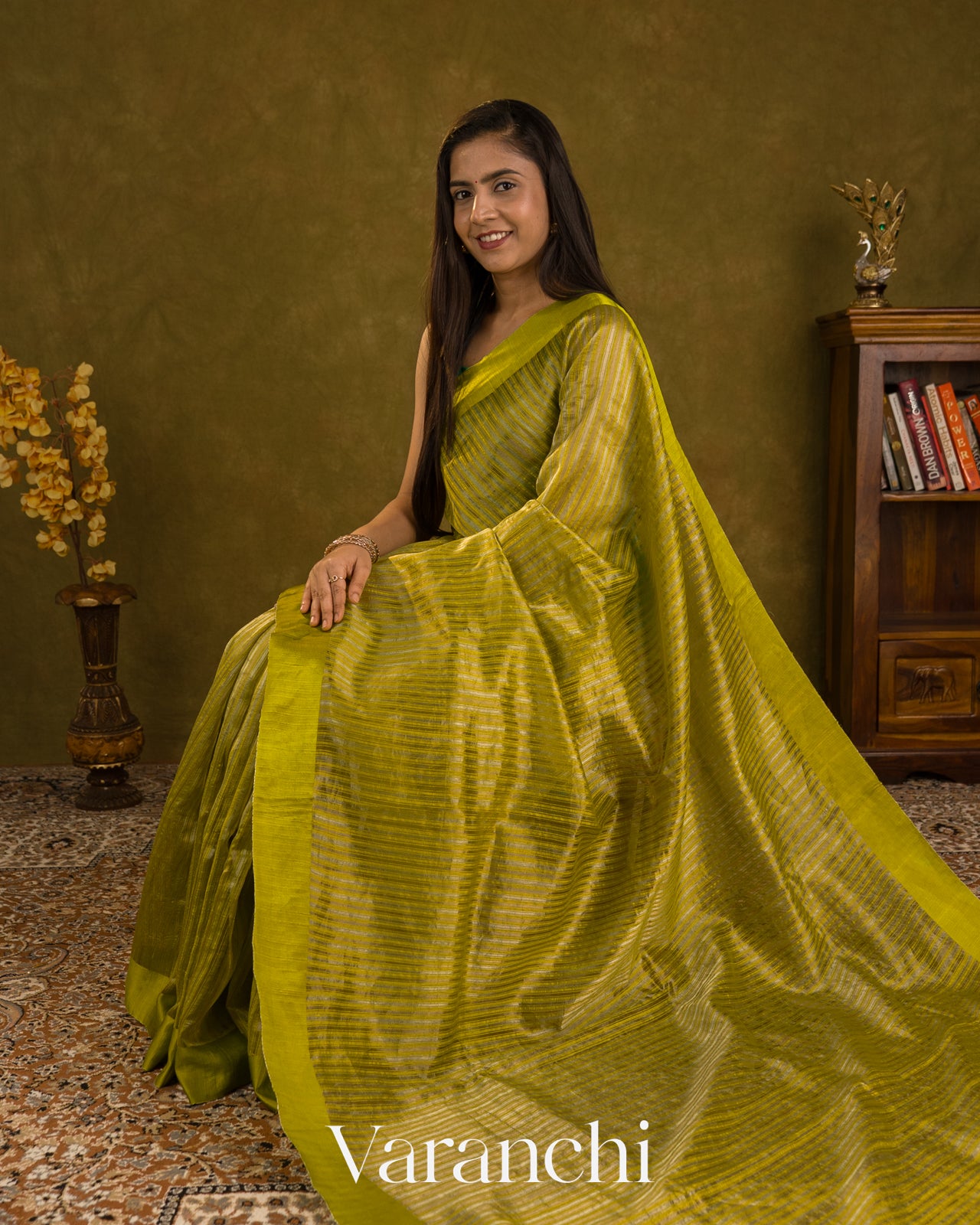 Olive Green with Tissue Stripes Pure Raw Silk Handloom Saree