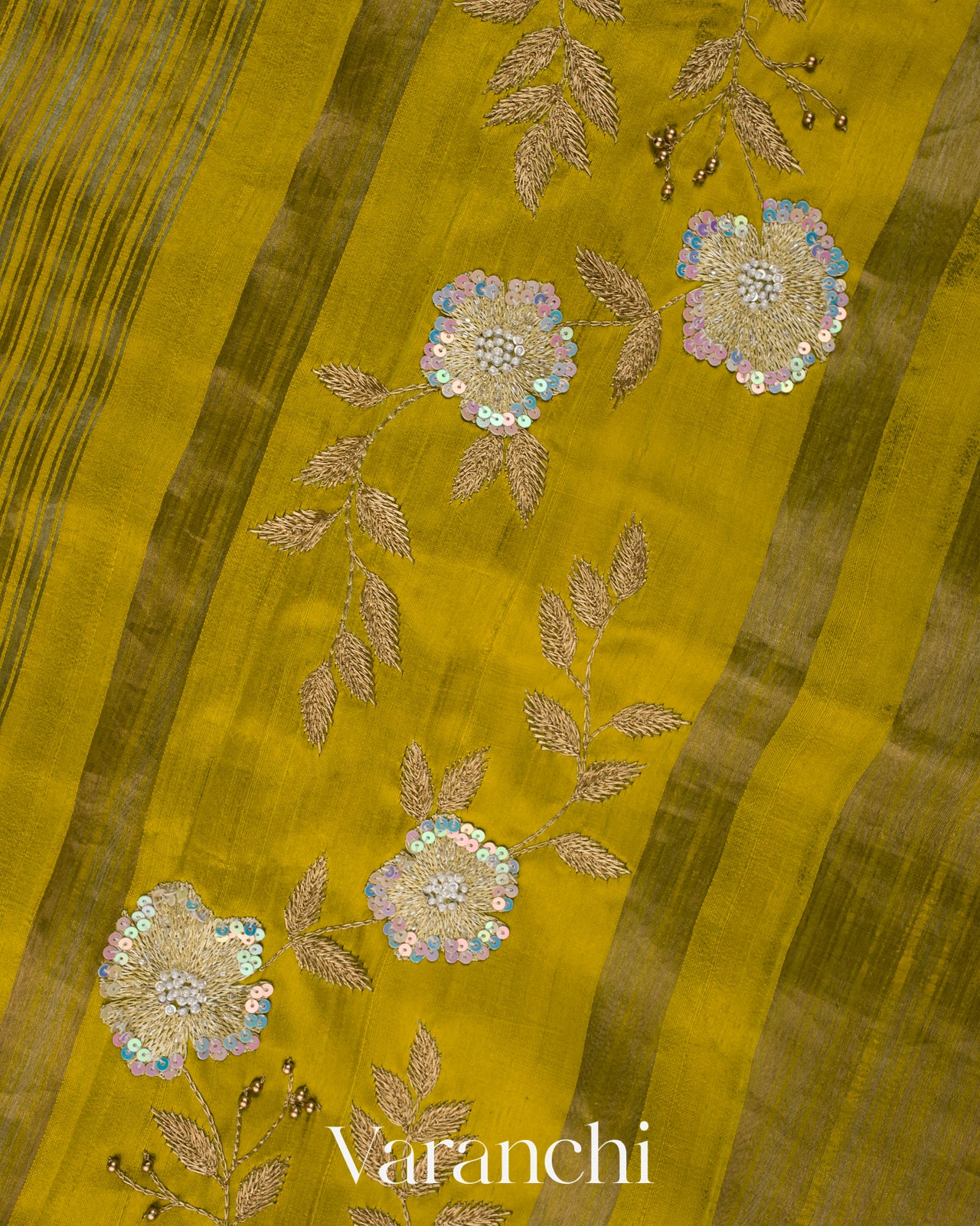 Olive Green with Tissue Stripes Pure Raw Silk Handloom Saree