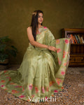 Pista Green Floral Digital Printed Pure Chiniya Silk Saree