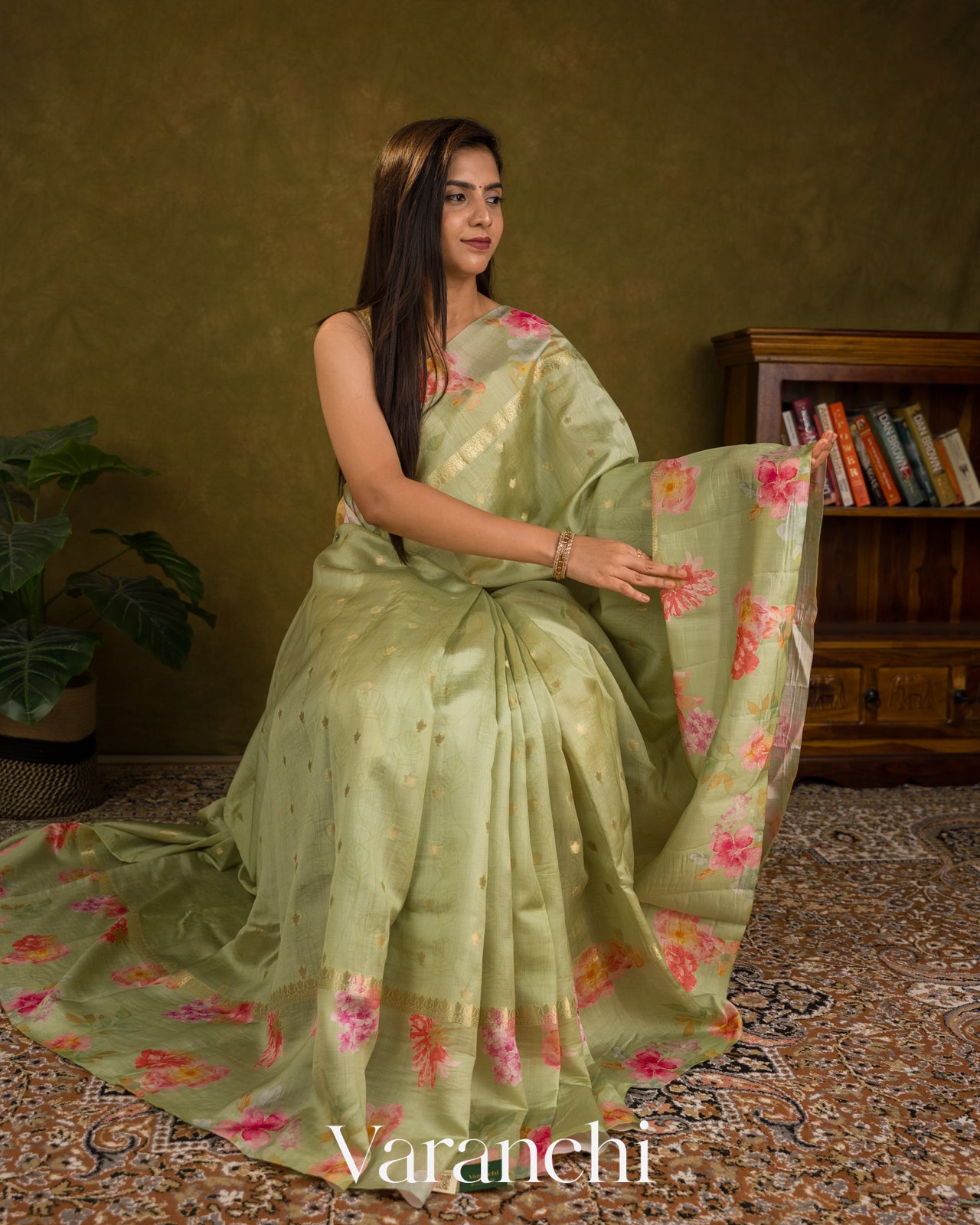 Pista Green Floral Digital Printed Pure Chiniya Silk Saree