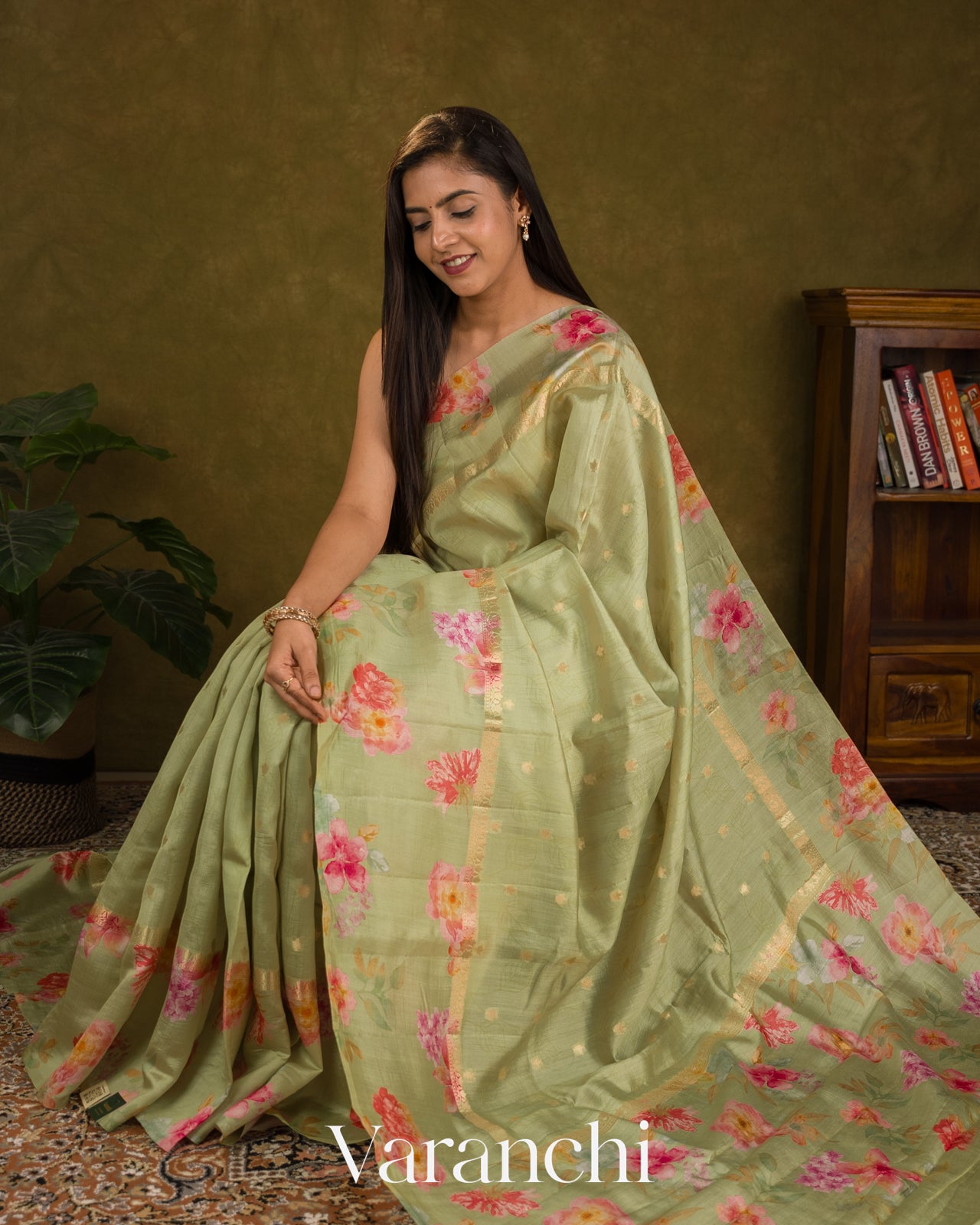 Pista Green Floral Digital Printed Pure Chiniya Silk Saree