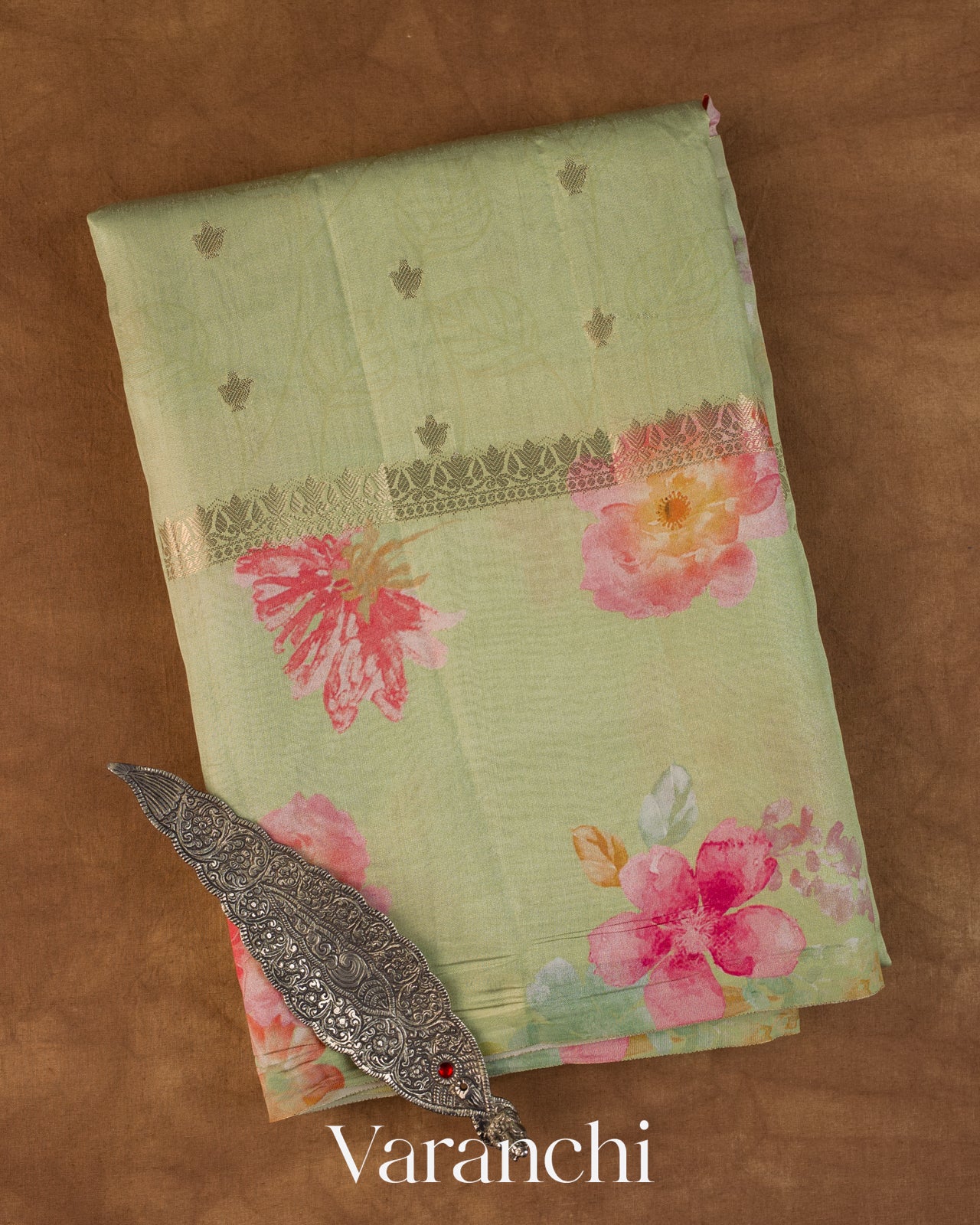 Pista Green Floral Digital Printed Pure Chiniya Silk Saree