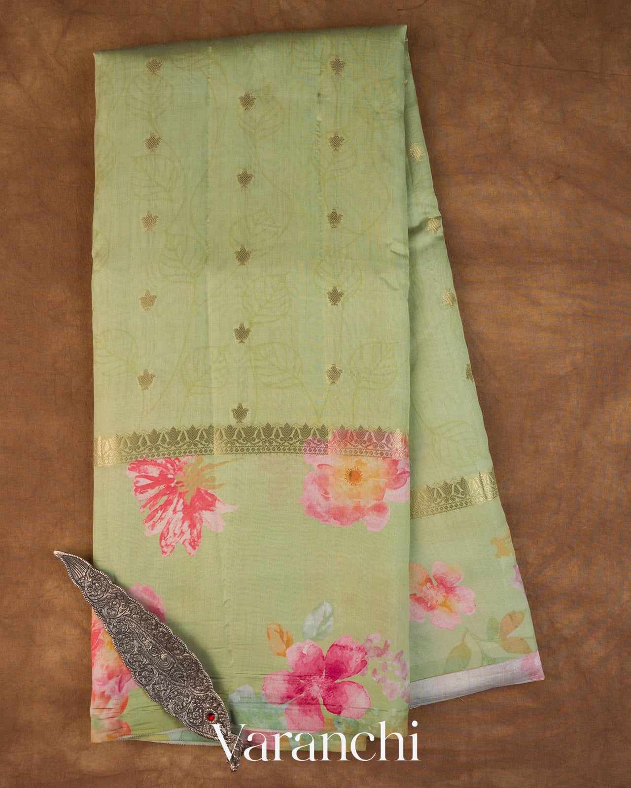 Pista Green Floral Digital Printed Pure Chiniya Silk Saree