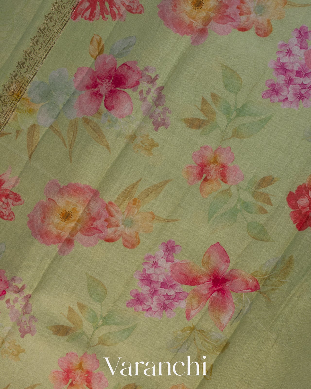 Pista Green Floral Digital Printed Pure Chiniya Silk Saree