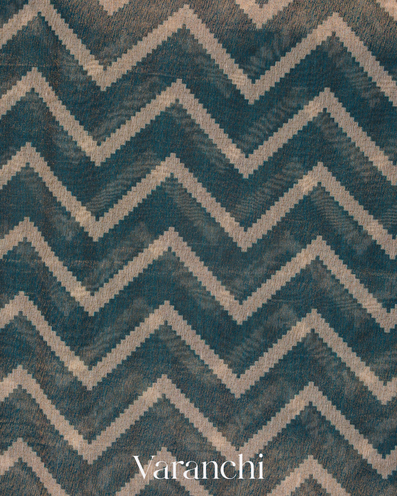 Teal Grey Chevron Pure Silk Cotton Saree