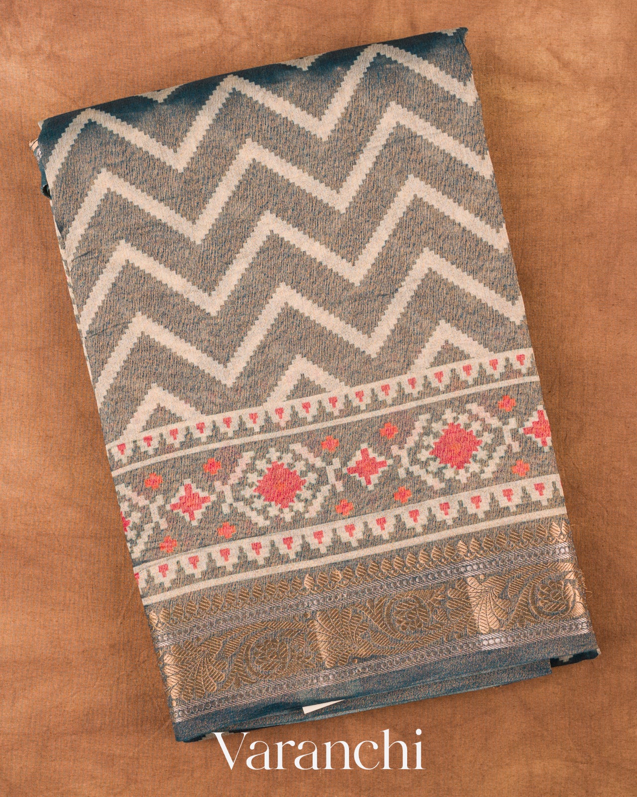 Teal Grey Chevron Pure Silk Cotton Saree