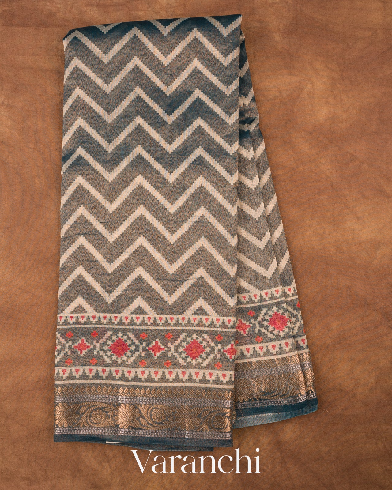 Teal Grey Chevron Pure Silk Cotton Saree
