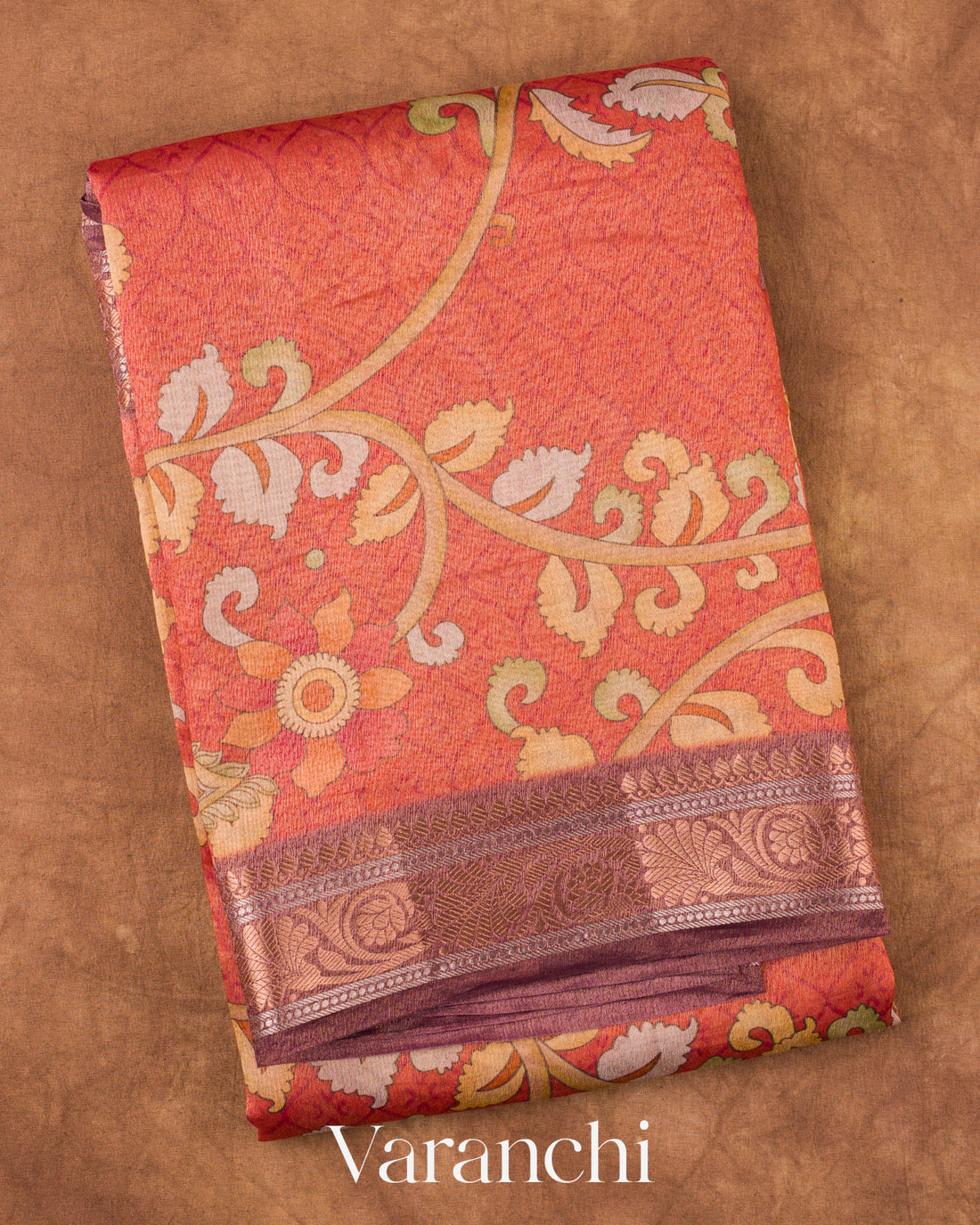 Rust Orange Floral Printed Pure Silk Cotton Saree