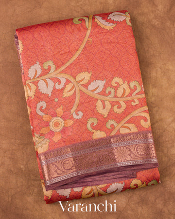 Rust Orange Floral Printed Pure Silk Cotton Saree