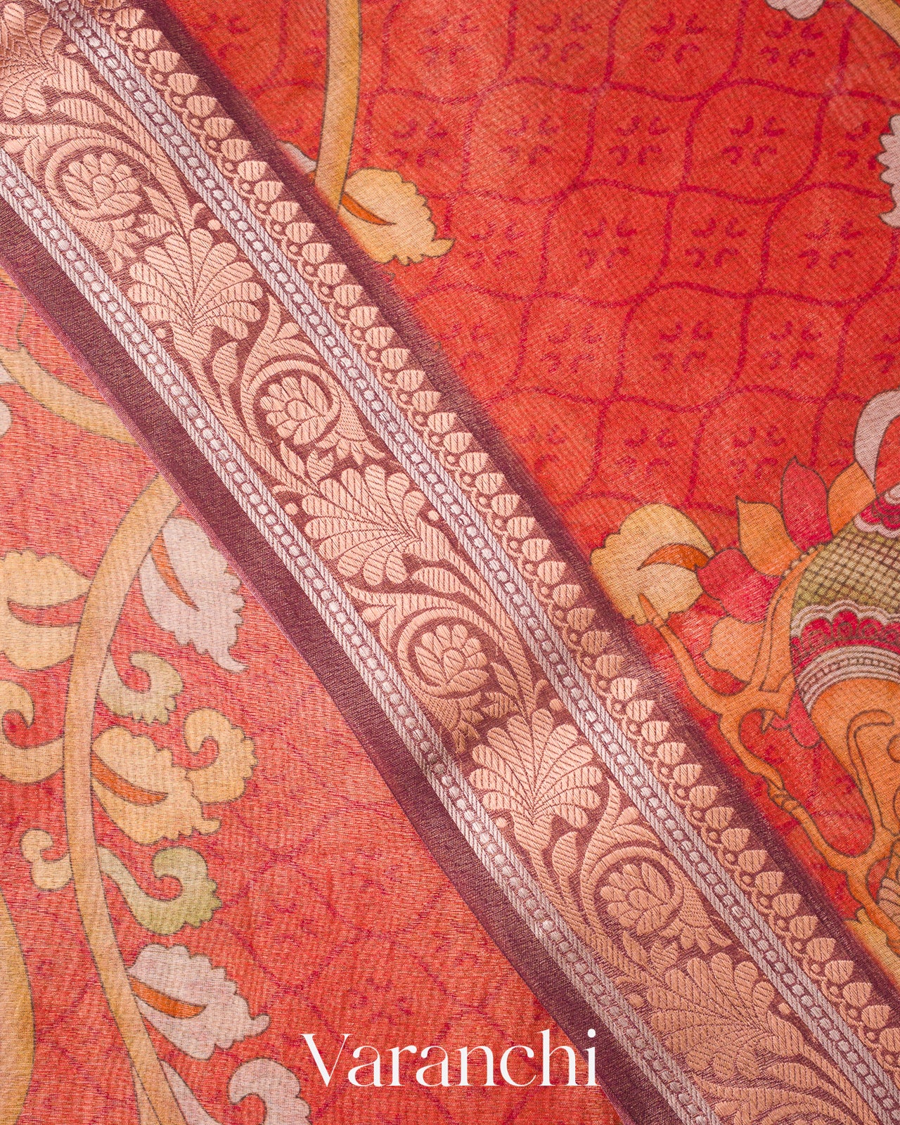 Rust Orange Floral Printed Pure Silk Cotton Saree