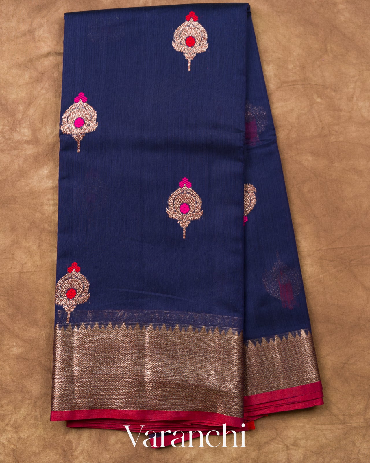 Navy Blue Pure Chanderi Silk Cotton Handloom Saree
