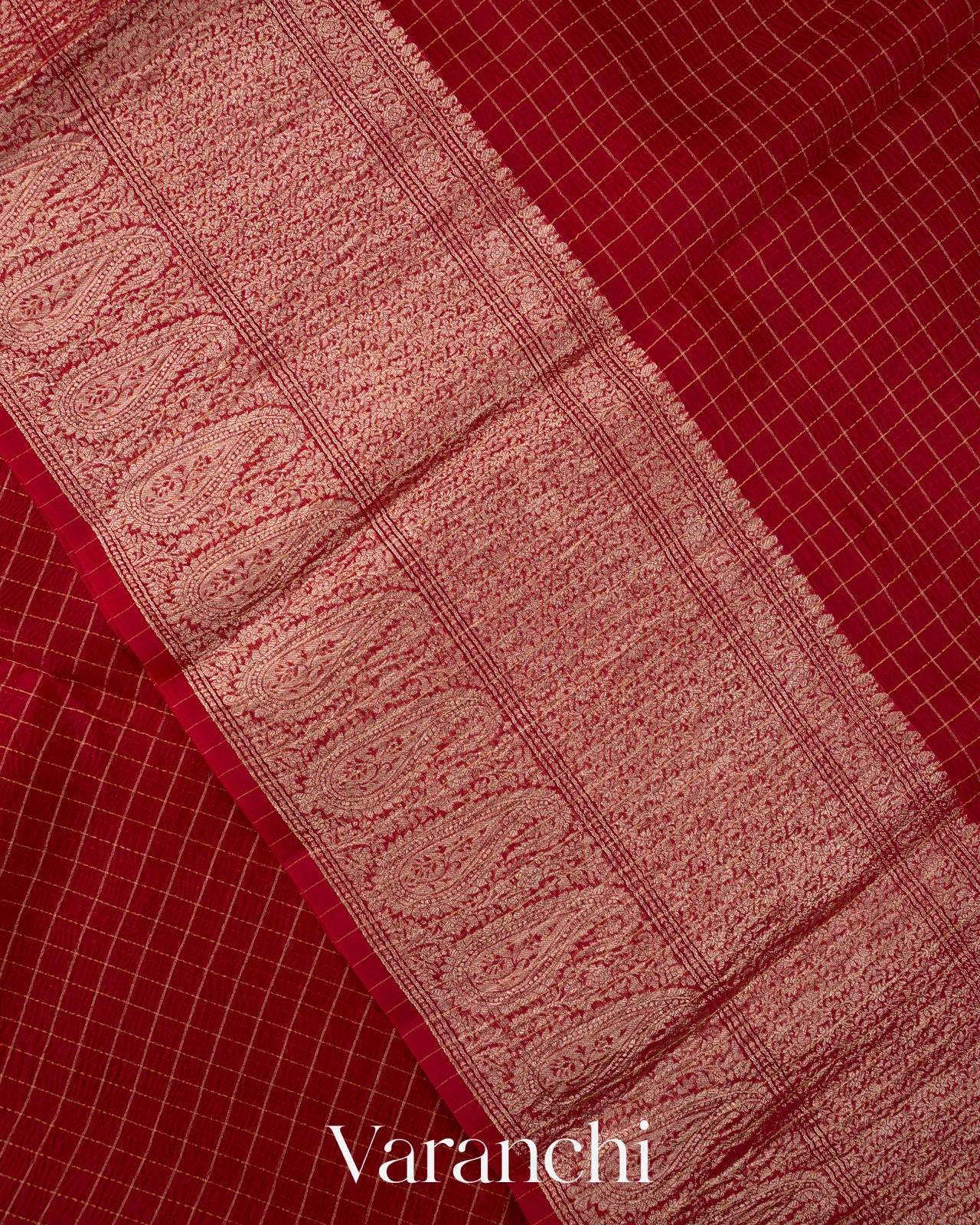 Deep Red Checkered Pure Kora Silk Saree