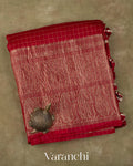 Deep Red Checkered Pure Kora Silk Saree