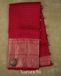Deep Red Checkered Pure Kora Silk Saree