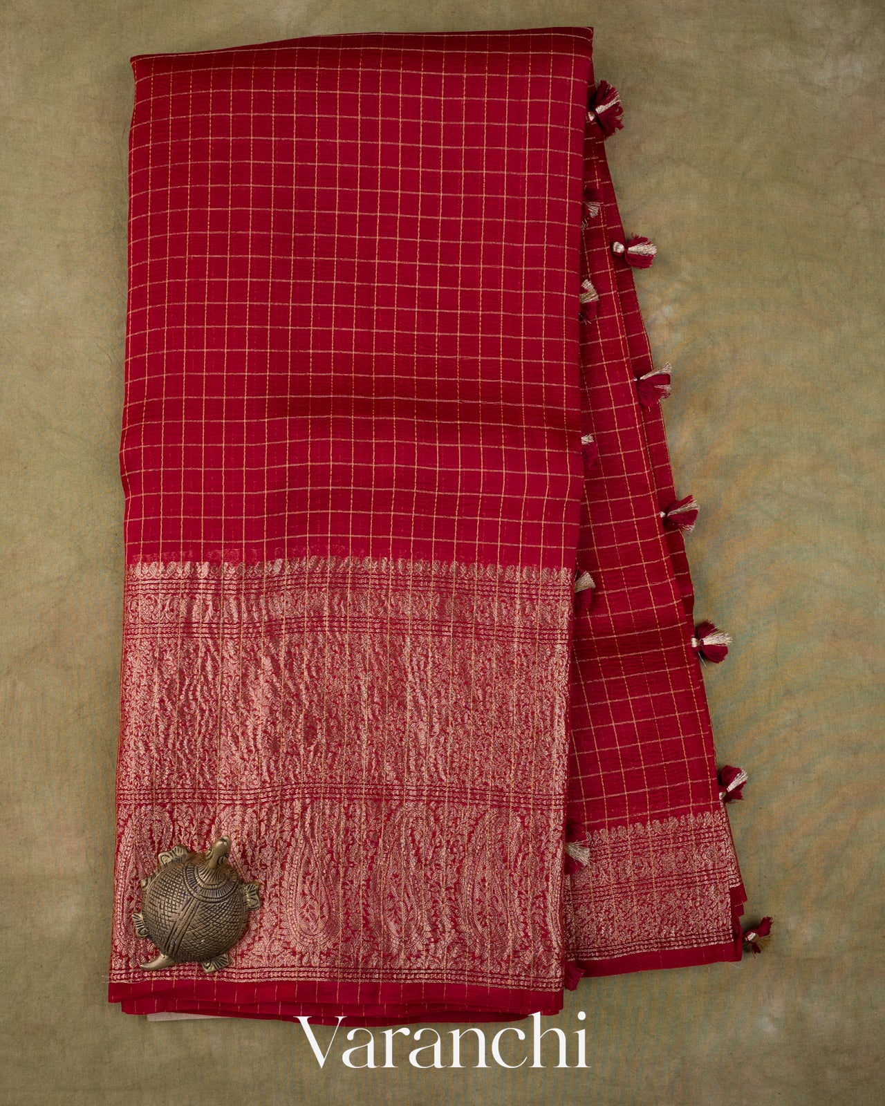 Deep Red Checkered Pure Kora Silk Saree
