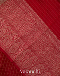 Deep Red Checkered Pure Kora Silk Saree