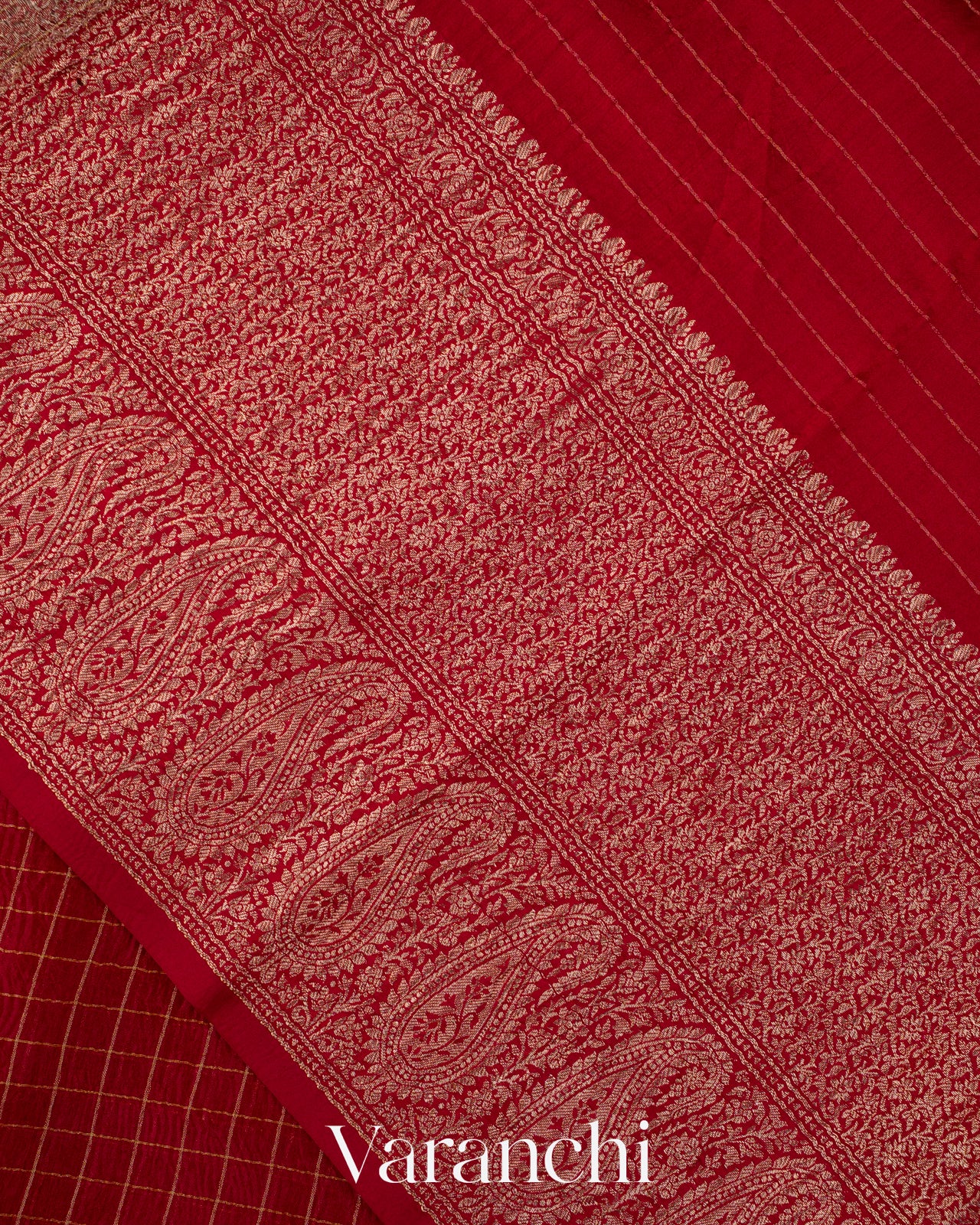 Deep Red Checkered Pure Kora Silk Saree