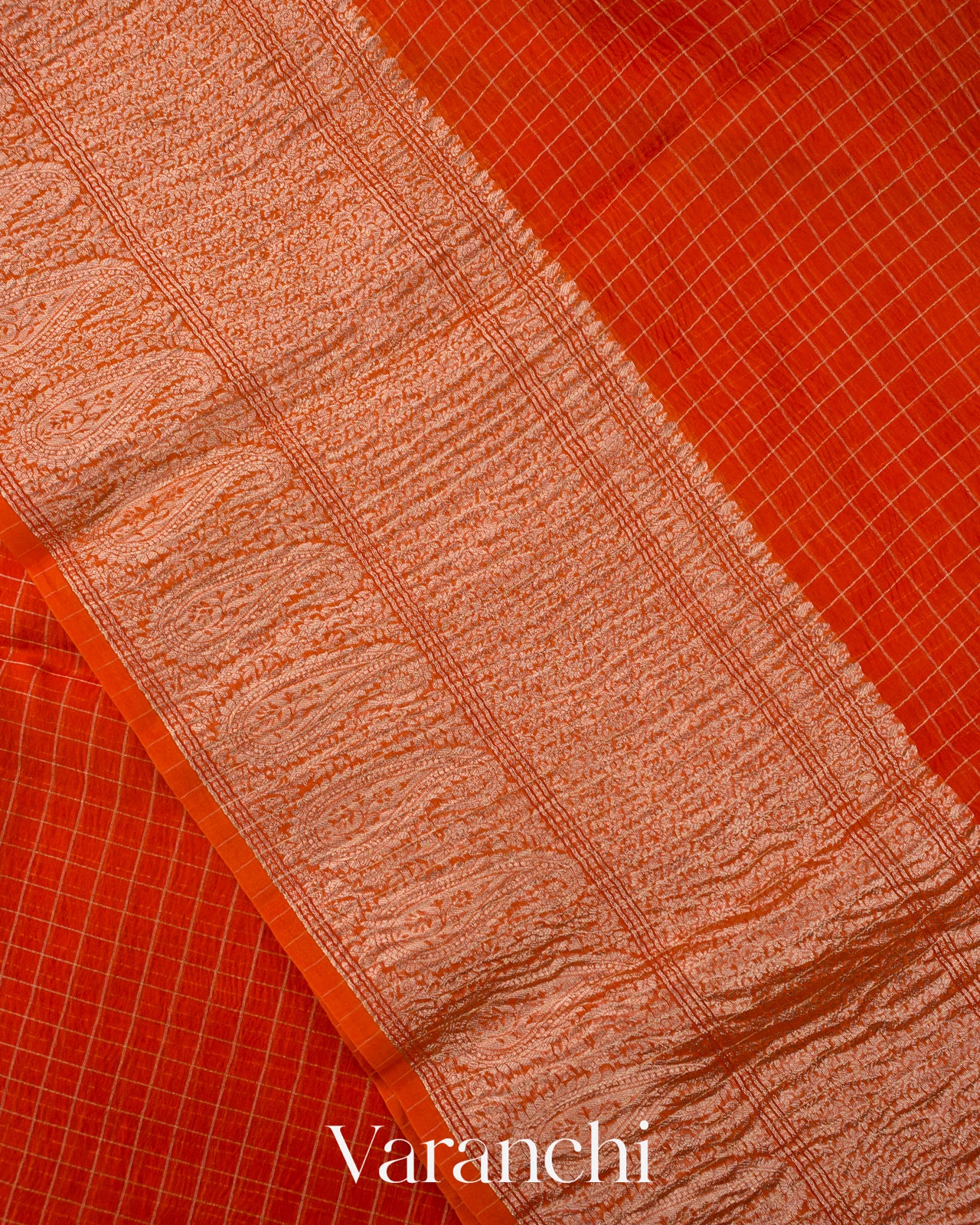 Rust Orange Checkered Pure Kora Silk Saree