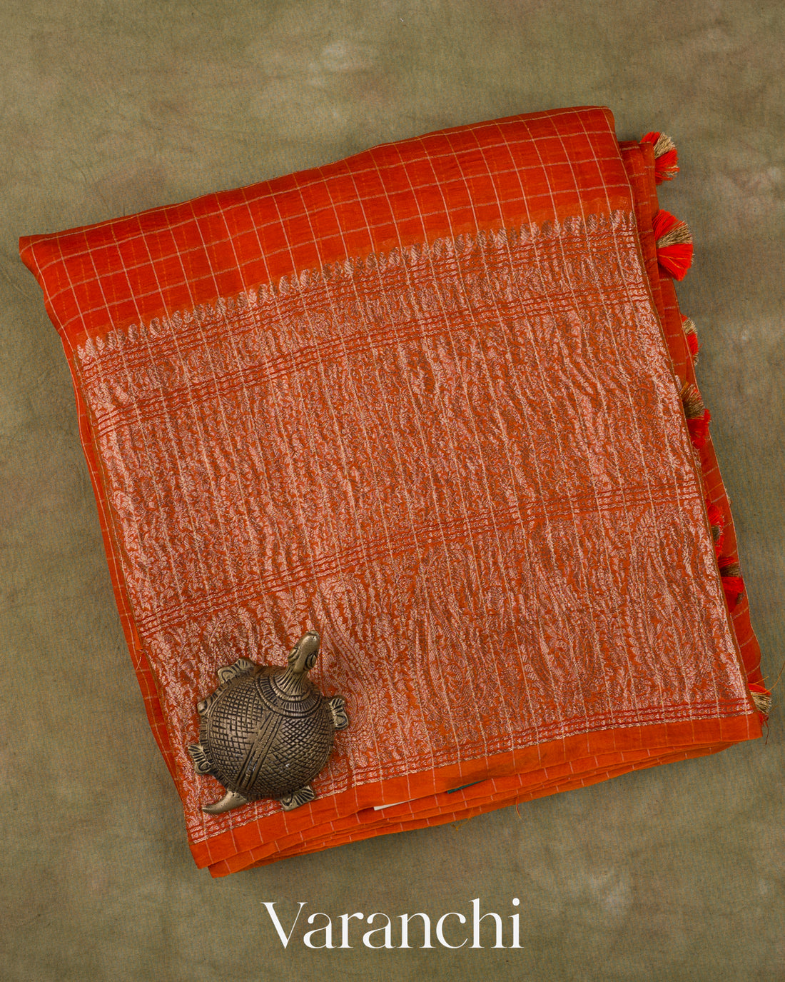 Rust Orange Checkered Pure Kora Silk Saree