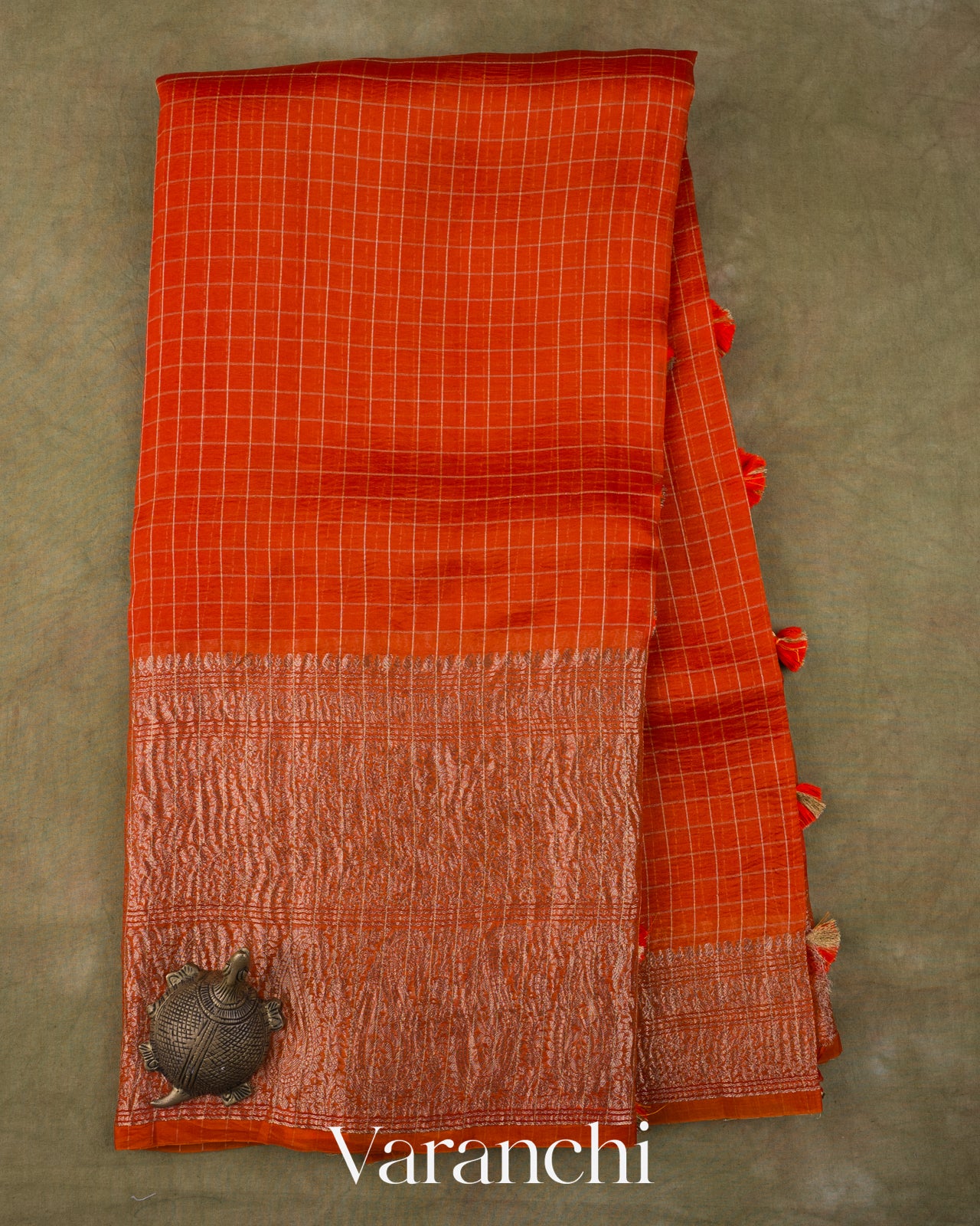 Rust Orange Checkered Pure Kora Silk Saree