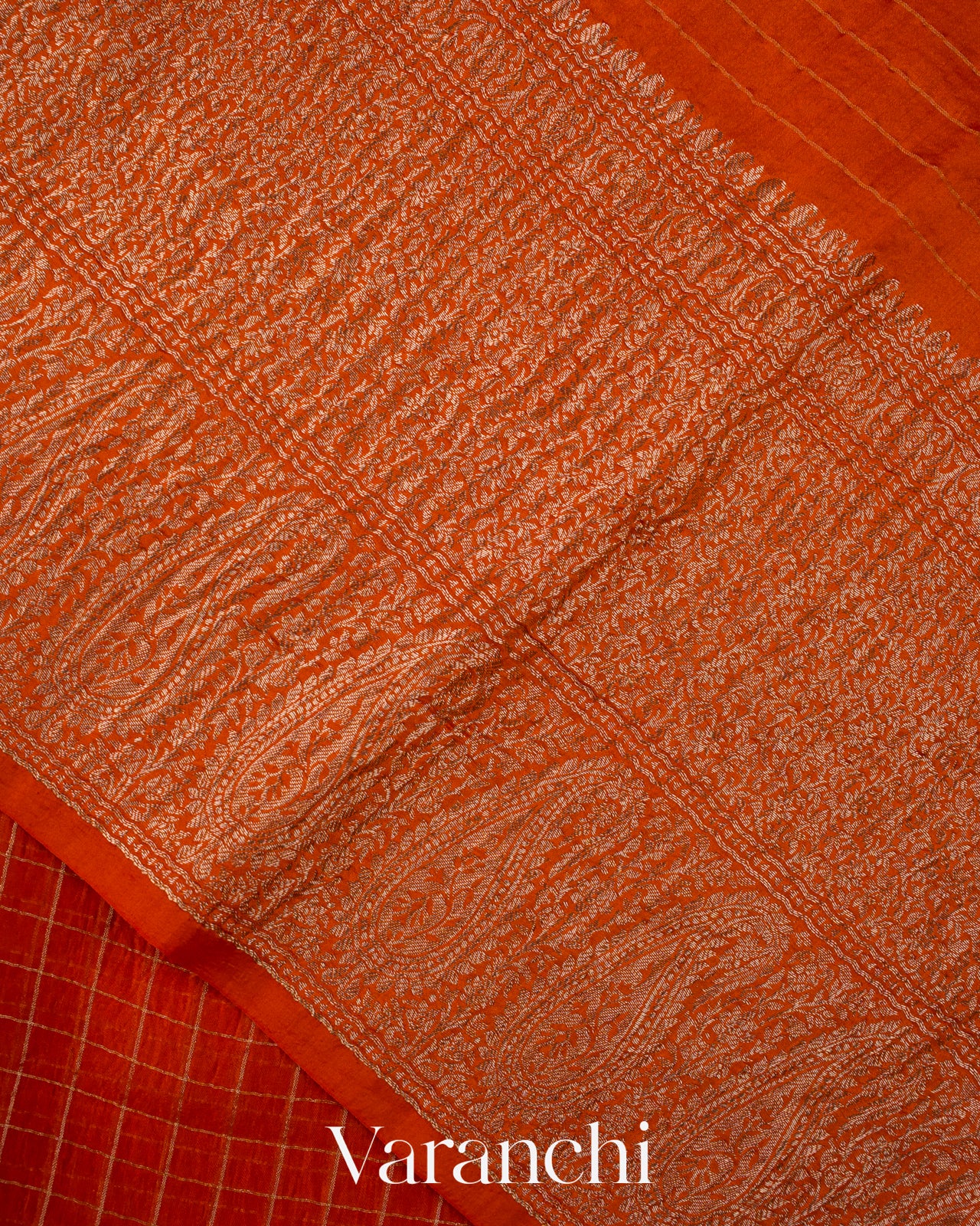 Rust Orange Checkered Pure Kora Silk Saree