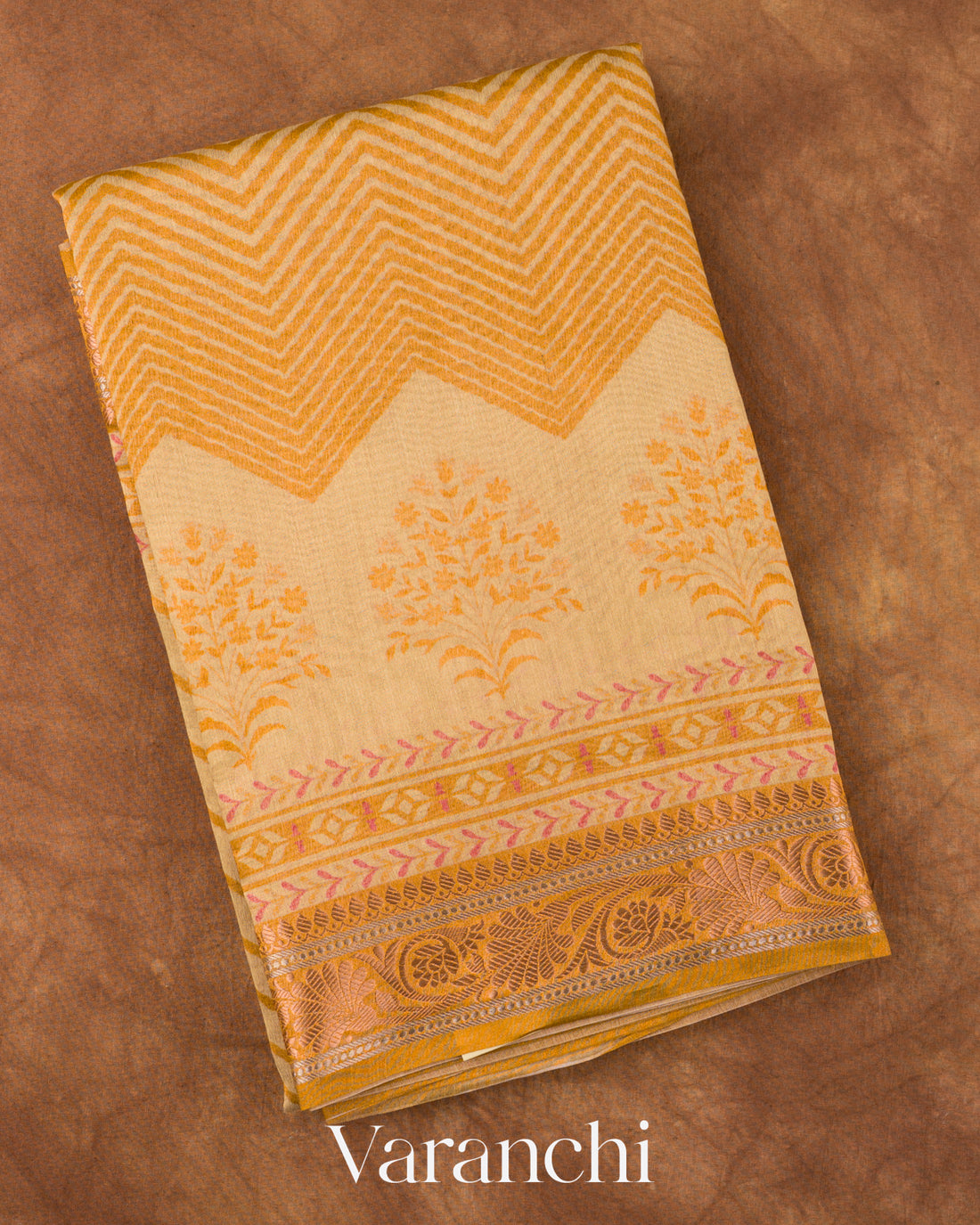 Mustard Yellow Chevron Striped Pure Silk Cotton Tissue Saree