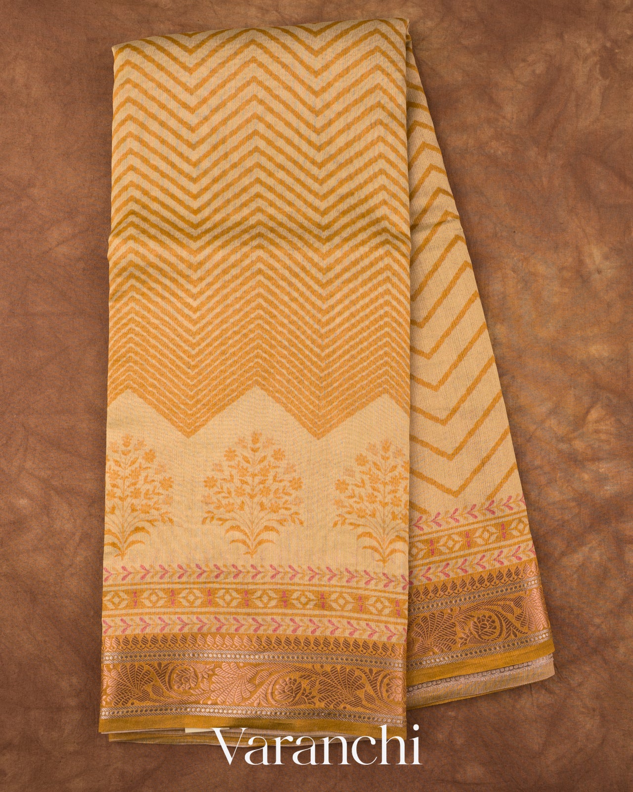 Mustard Yellow Chevron Striped Pure Silk Cotton Tissue Saree
