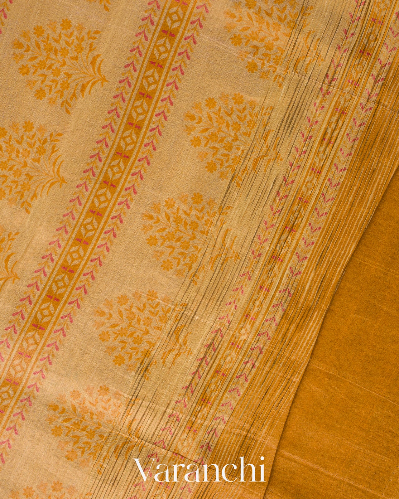 Mustard Yellow Chevron Striped Pure Silk Cotton Tissue Saree