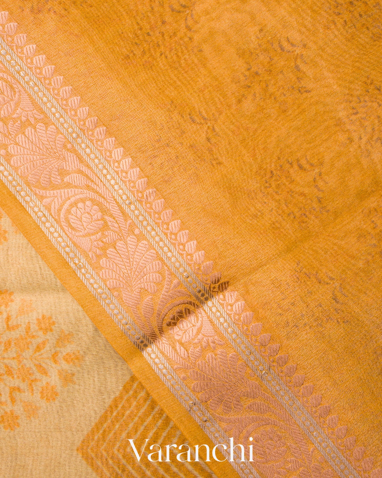 Mustard Yellow Chevron Striped Pure Silk Cotton Tissue Saree