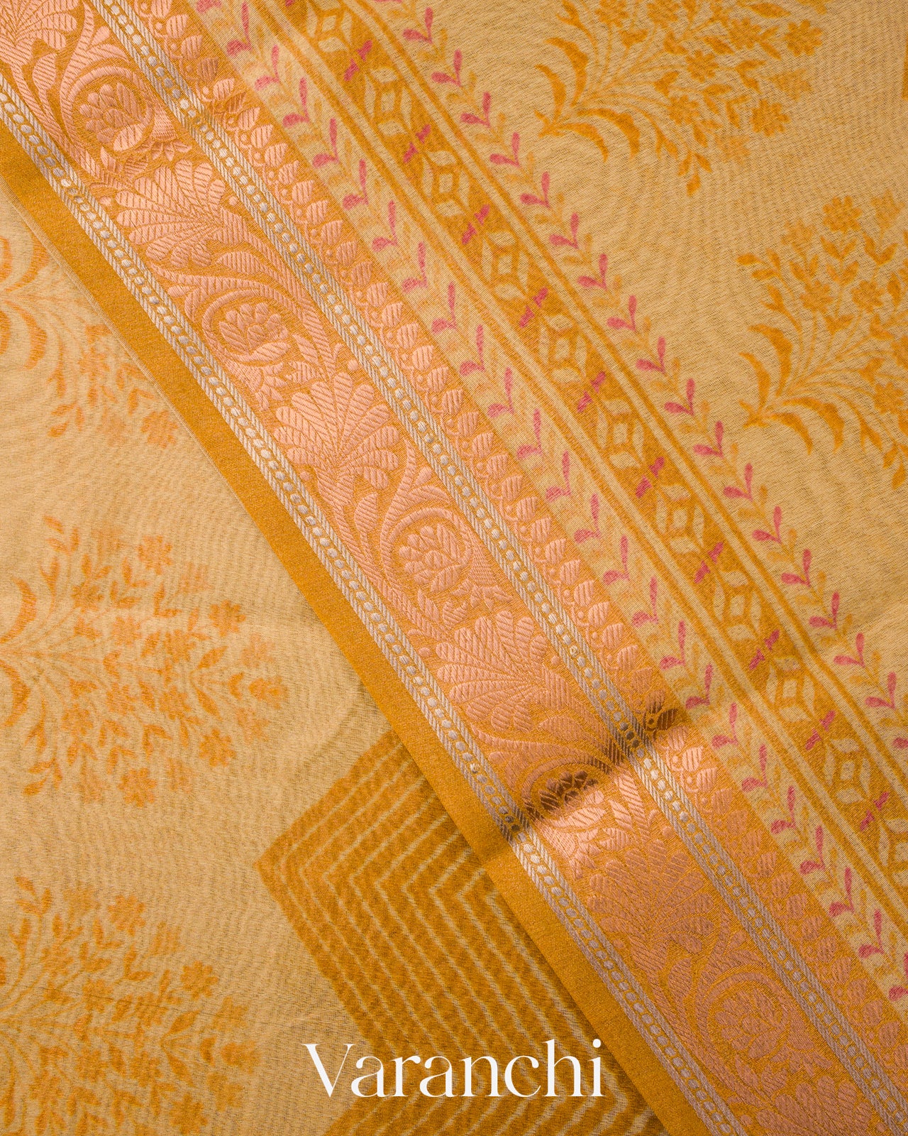 Mustard Yellow Chevron Striped Pure Silk Cotton Tissue Saree