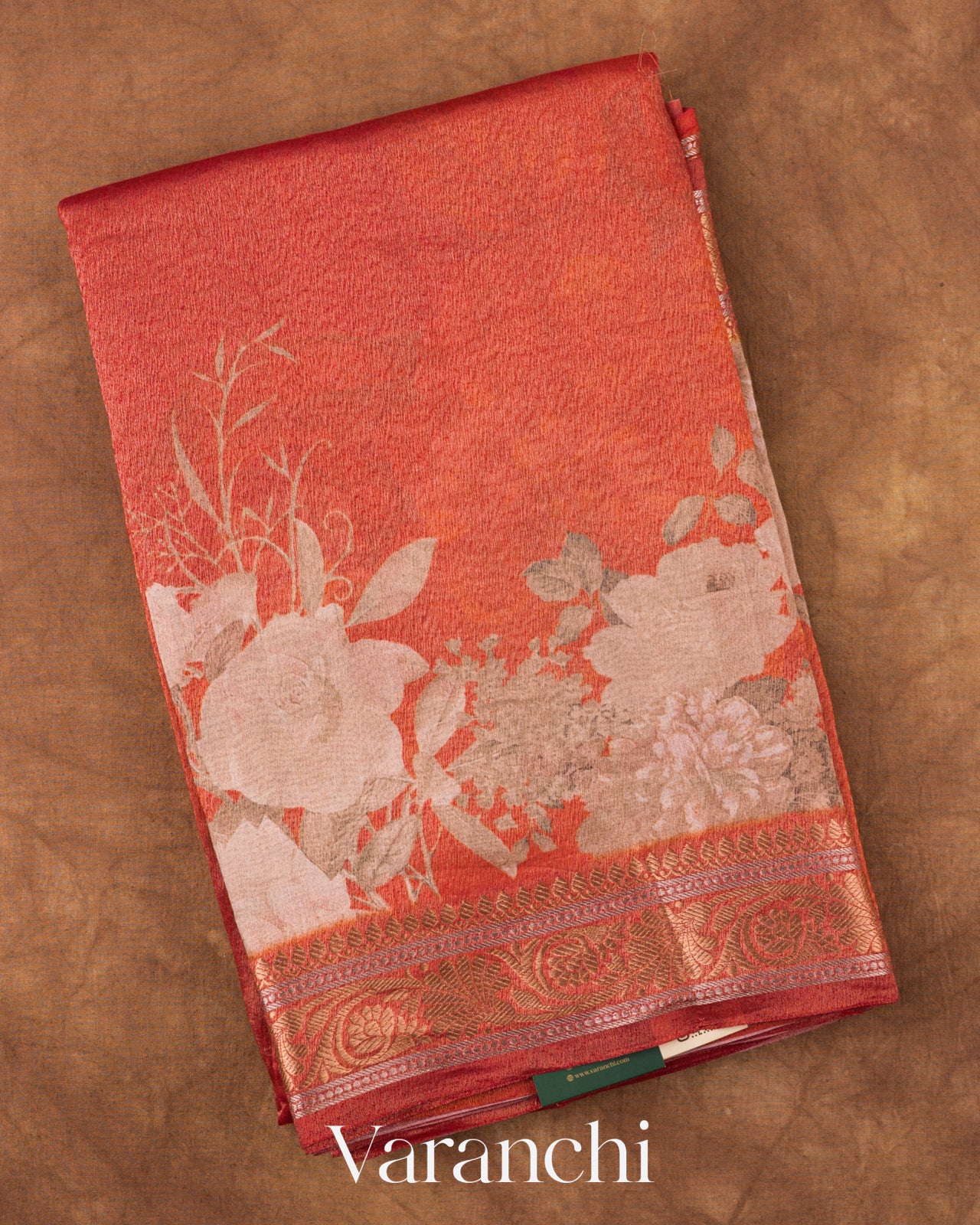 Burnt Orange Floral Digital Printed Pure Silk Cotton Tissue Handloom Saree