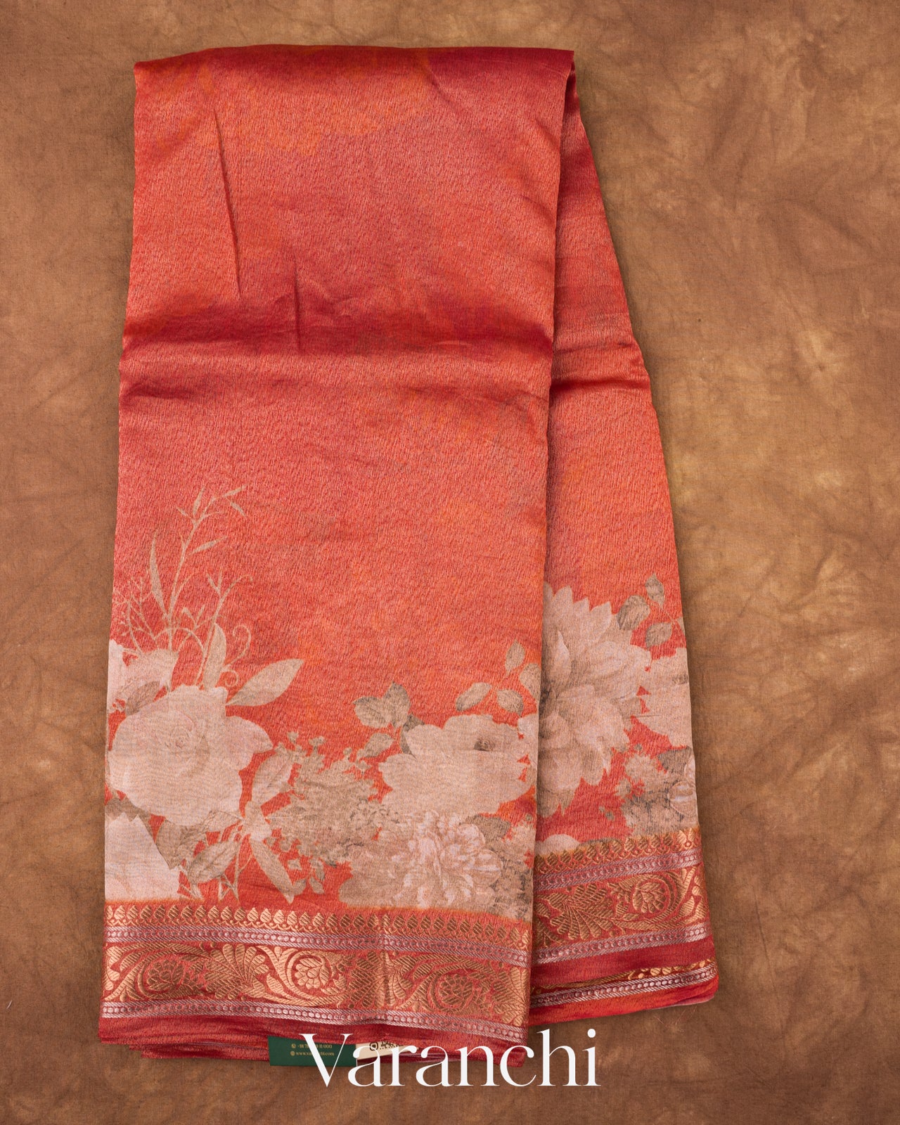 Burnt Orange Floral Digital Printed Pure Silk Cotton Tissue Handloom Saree